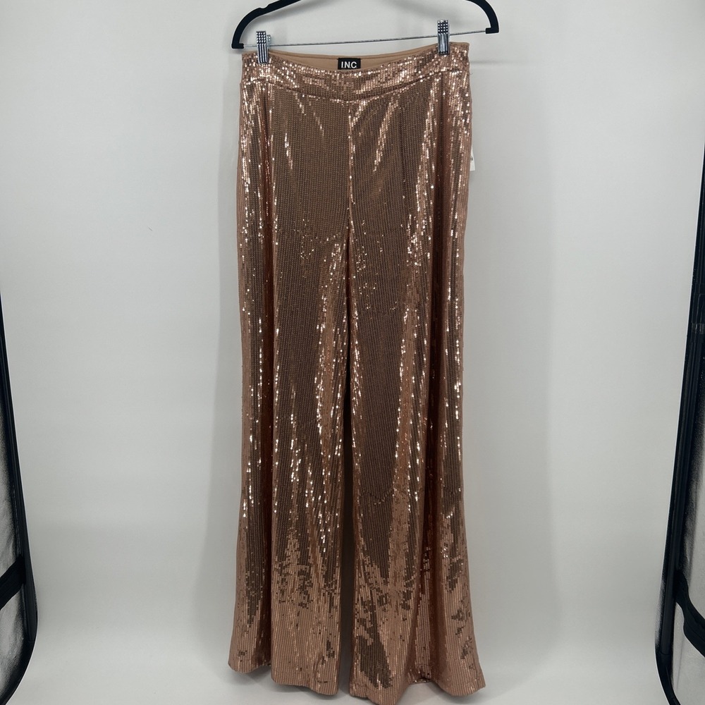 NWT INC Rose Gold Sequin High Waist Wide Leg Pants Sz 4 Liquid Glam Holiday